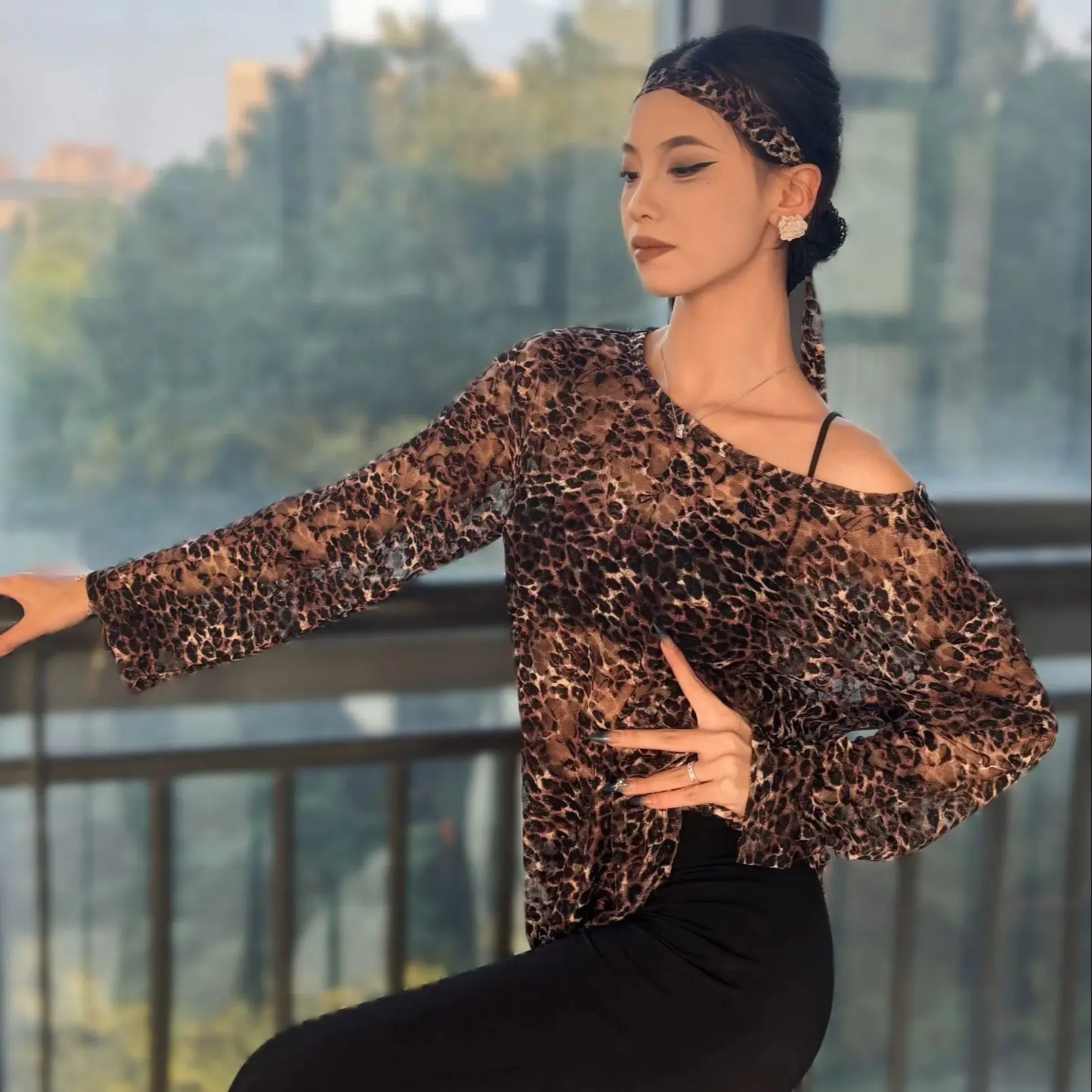 Latin Dance Training Costume For Women Mesh Slop Shoulder Leopard Print Top Smock Chacha Samba Dance Practice Clothing DN22259
Latin Dance Training Costume For Women Mesh Slop Shoulder Leopard Print Top Smock Chacha Samba Dance Practice Clothing DN22259
