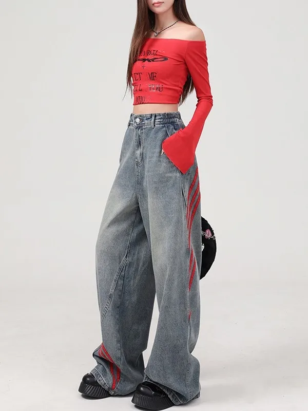 Retro American Striped Splicing Straight Leg Denim Pants Women's Spring Autumn High Street Design Loose Wide Leg Pants
Retro American Striped Splicing Straight Leg Denim Pants Women's Spring Autumn High Street Design Loose Wide Leg Pants