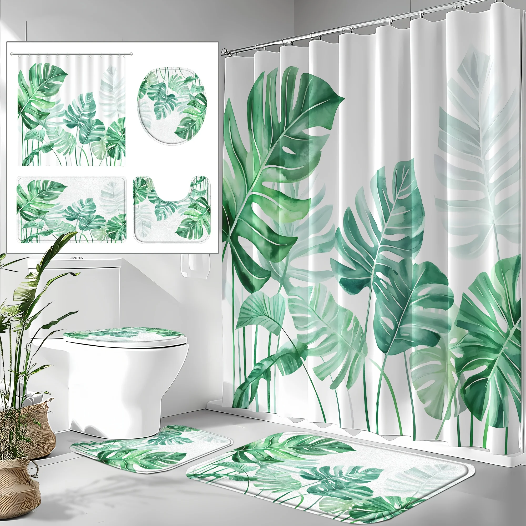 Elegant Green Tropical Leaves Print Shower Curtain Four-Piece Set - Modern Bathroom Decor for a Fresh and Stylish Ambiance
Elegant Green Tropical Leaves Print Shower Curtain Four-Piece Set - Modern Bathroom Decor for a Fresh and Stylish Ambiance
