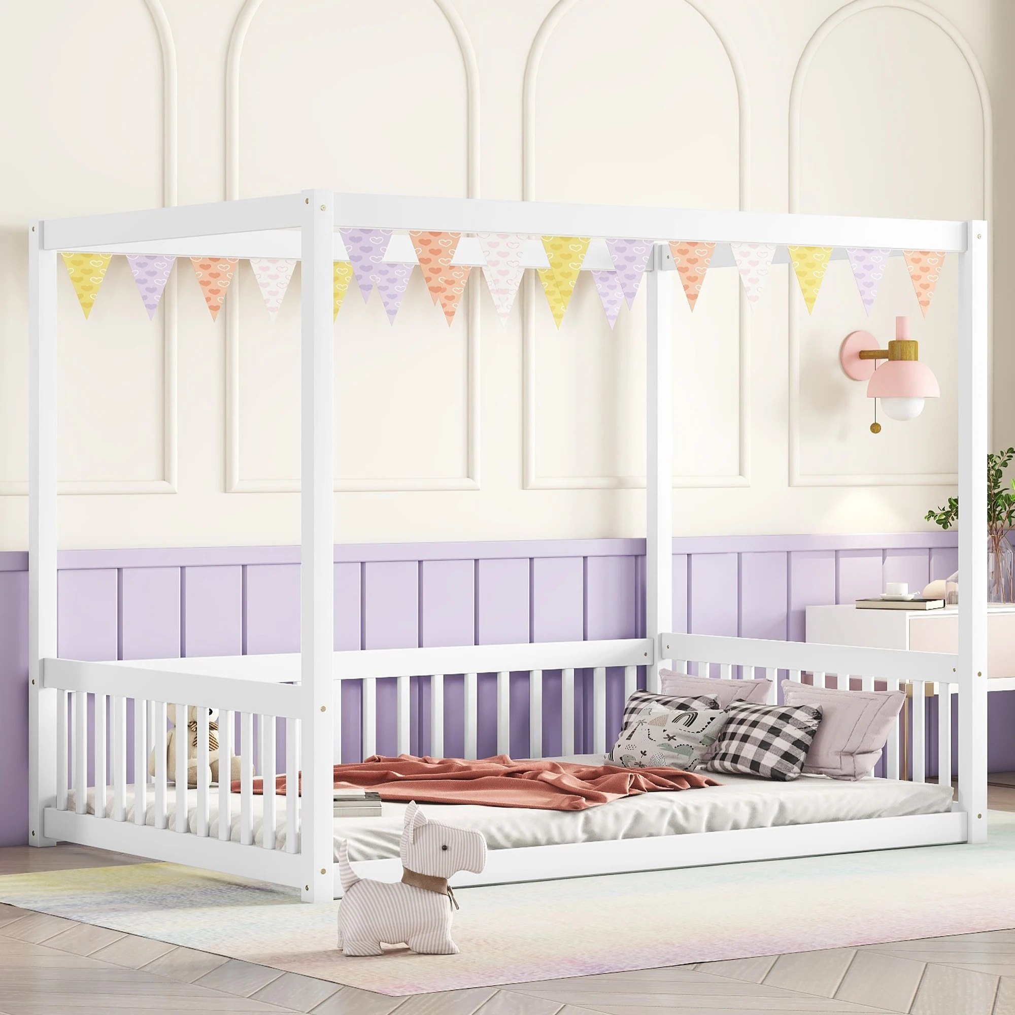 Full Size Canopy Frame Floor Bed with Fence, Guardrails, White 78.20x57x58.30 in.
Full Size Canopy Frame Floor Bed with Fence, Guardrails, White 78.20x57x58.30 in.