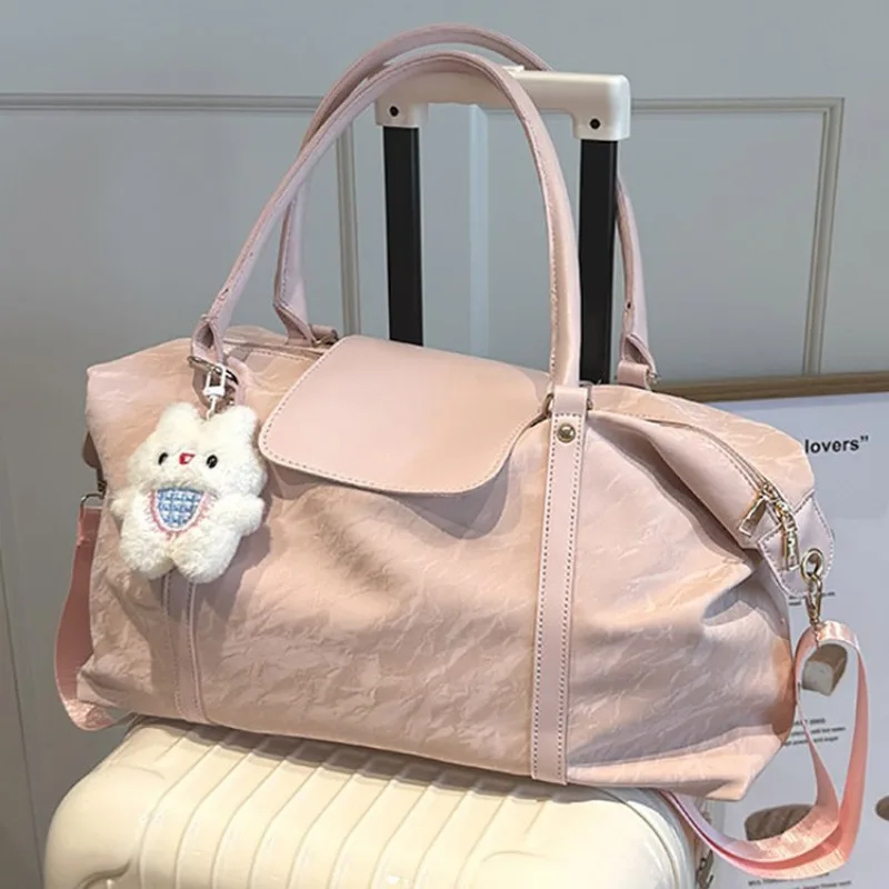 Women's Pink Shiny Travel Duffel Bag with Luggage Strap and Cute Bear Charm Large Capacity Weekend Gym Tote with Handle
Women's Pink Shiny Travel Duffel Bag with Luggage Strap and Cute Bear Charm Large Capacity Weekend Gym Tote with Handle