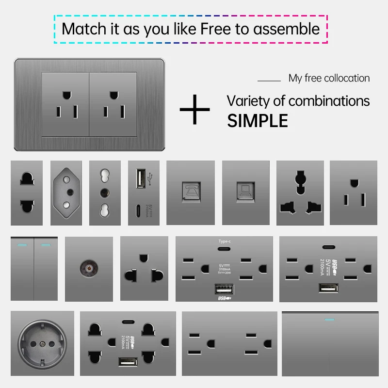 Grey EU Standard Outlet wall light switch socket Drawing Panel Multifunctional Power 2.1A USB Type-c Socket Combination 118*72mm
Grey EU Standard Outlet wall light switch socket Drawing Panel Multifunctional Power 2.1A USB Type-c Socket Combination 118*72mm