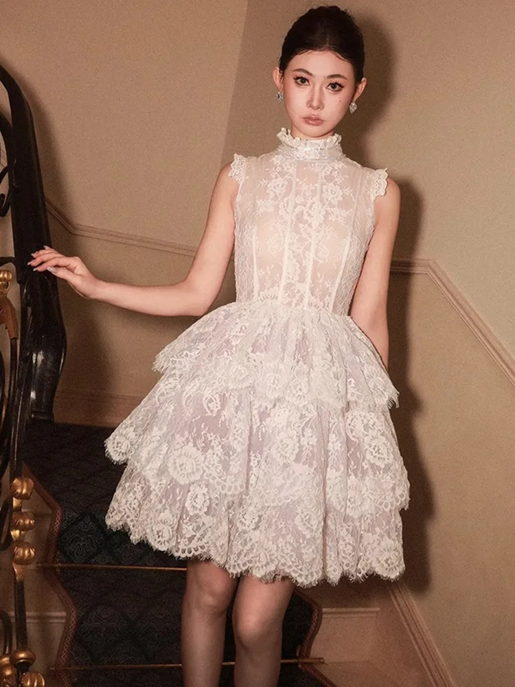 Luxury Crystal Lace Short Dress Formal Occasion Dress Women Stand collar Casading Ruffles Evening Party Wedding Dress
Luxury Crystal Lace Short Dress Formal Occasion Dress Women Stand collar Casading Ruffles Evening Party Wedding Dress