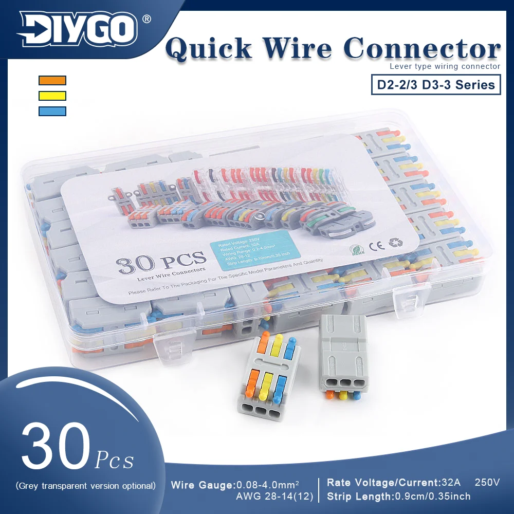 30Pcs/Set Lever Wire Connectors Quick Splice Terminal Block 2/3 Port Electrical Cable Connector 32A 250V for 0.08-4mm² AWG 28-12
30Pcs/Set Lever Wire Connectors Quick Splice Terminal Block 2/3 Port Electrical Cable Connector 32A 250V for 0.08-4mm² AWG 28-12