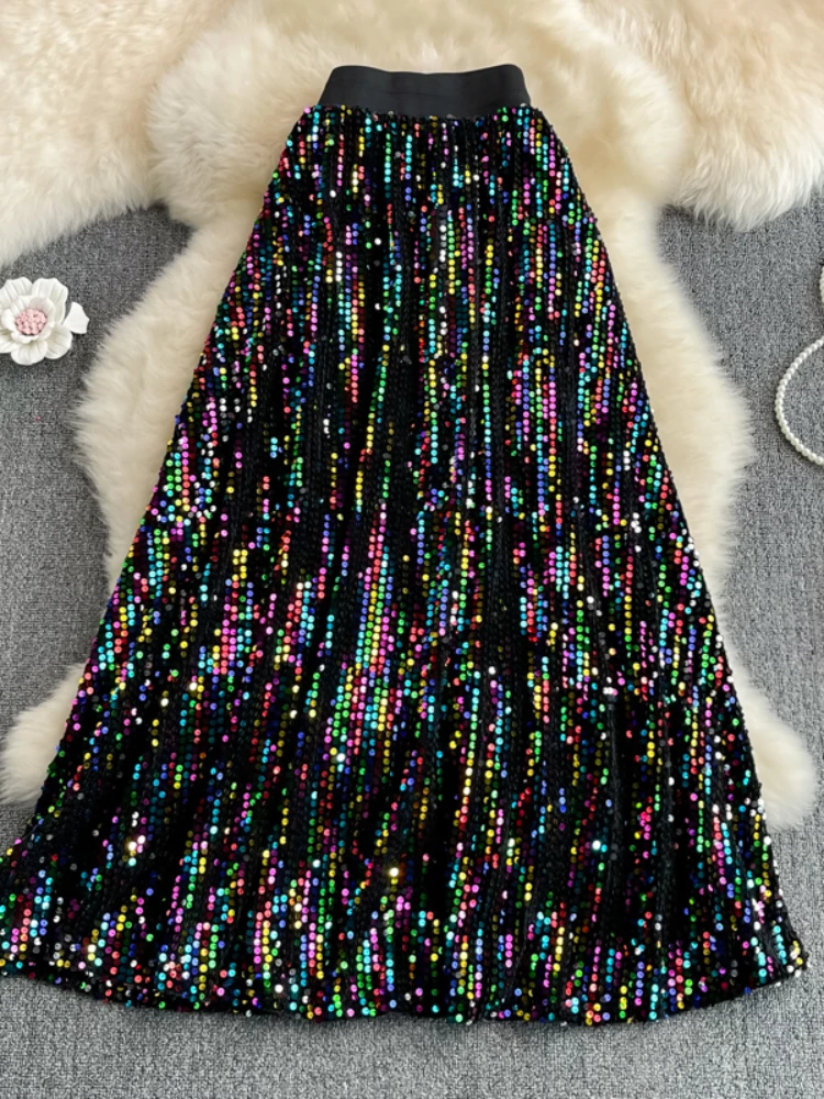 Spring Autumn Sequin Long Skirt Women High Waist Slim A-line Elastic Waist Bling Sparkling Skirt
Spring Autumn Sequin Long Skirt Women High Waist Slim A-line Elastic Waist Bling Sparkling Skirt