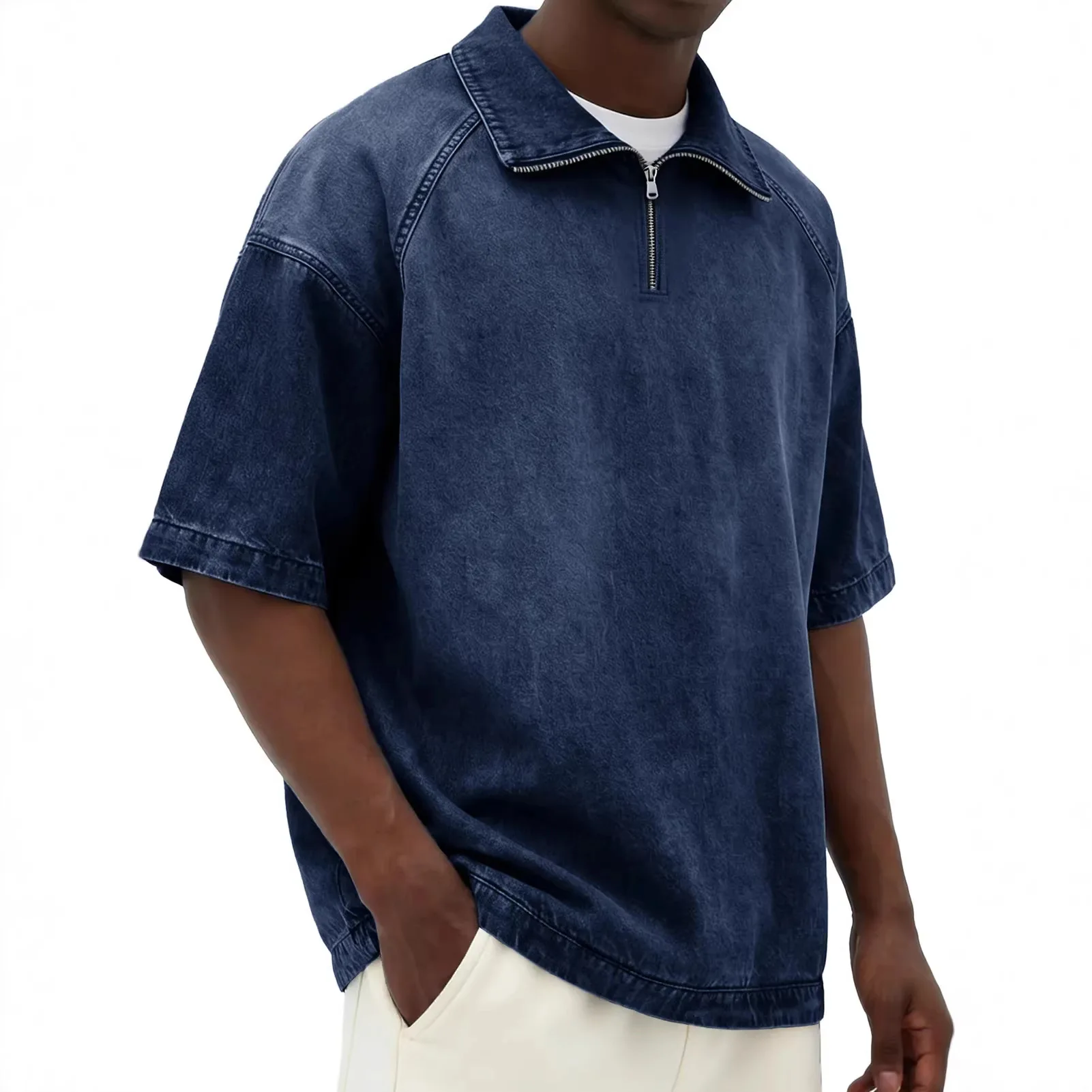 Men's Half Zipper Denim T-shirt American Summer New Casual Fashion Retro Streetwear Male Washed Lapel Short Sleeved Tops
Men's Half Zipper Denim T-shirt American Summer New Casual Fashion Retro Streetwear Male Washed Lapel Short Sleeved Tops