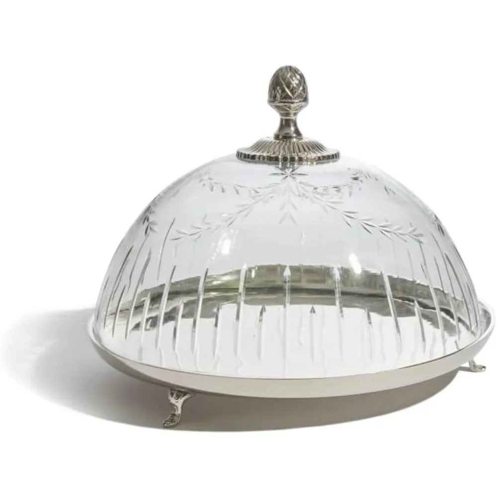 Silver Metal Cake Stand with Glass Dome, 12" Raised Feet, Etched Floral Design, Pineapple Finial Top
Silver Metal Cake Stand with Glass Dome, 12" Raised Feet, Etched Floral Design, Pineapple Finial Top