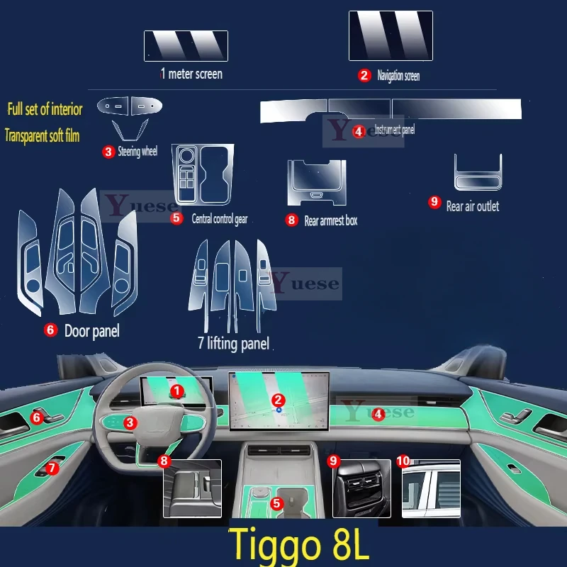 Для 2024 Chery Tiggo 8L защитная пленка для салона автомобиля, наклейка, центральный экран управления, дверь, автомобильные аксессуары, прозрачная пленка из ТПУ
Для 2024 Chery Tiggo 8L защитная пленка для салона автомобиля, наклейка, центральный экран управления, дверь, автомобильные аксессуары, прозрачная пленка из ТПУ