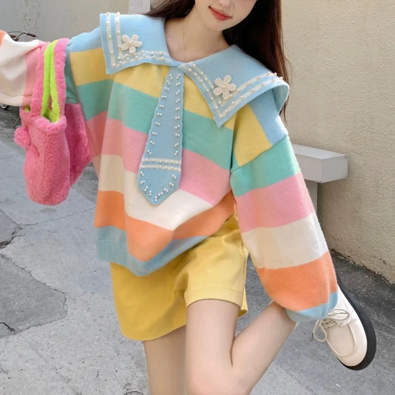 "women's Colorful Striped Knit Sweater Sailor Collar Pearl Bow Tie Oversized Sweet Cute Pullover for Spring Fall Daily Wear
"women's Colorful Striped Knit Sweater Sailor Collar Pearl Bow Tie Oversized Sweet Cute Pullover for Spring Fall Daily Wear