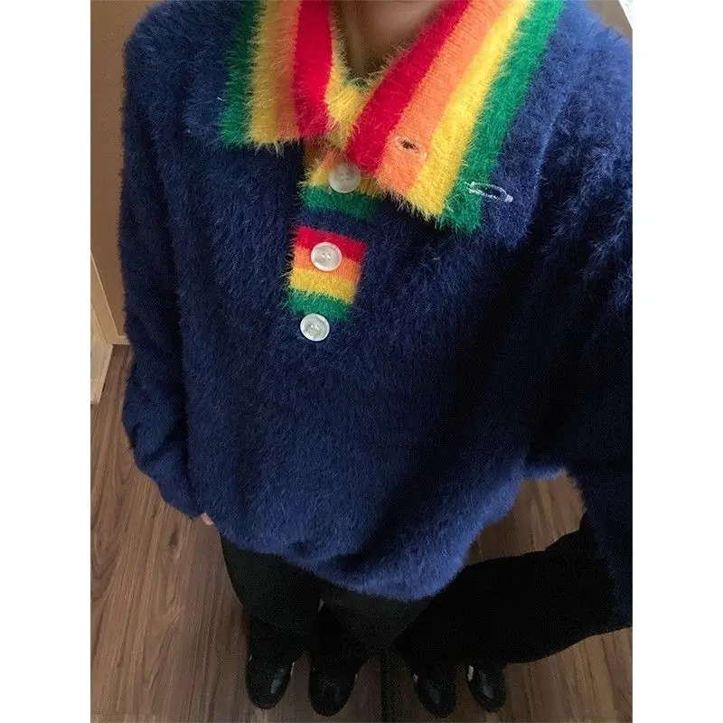 Retro Loose High Collar Knitted Sweater Couples Lazy Soft Warm Rainbow Stripes Turn-down Collar Men Women Autumn Winter Sweater
Retro Loose High Collar Knitted Sweater Couples Lazy Soft Warm Rainbow Stripes Turn-down Collar Men Women Autumn Winter Sweater