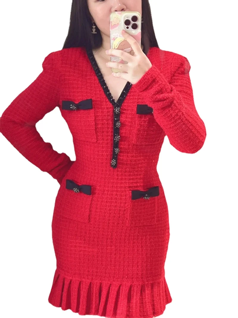 Women Red Bow Long Sleeve Dress V Neck Knitted Slim Elegant Evening Birthday Party Mini Dress Women
Women Red Bow Long Sleeve Dress V Neck Knitted Slim Elegant Evening Birthday Party Mini Dress Women