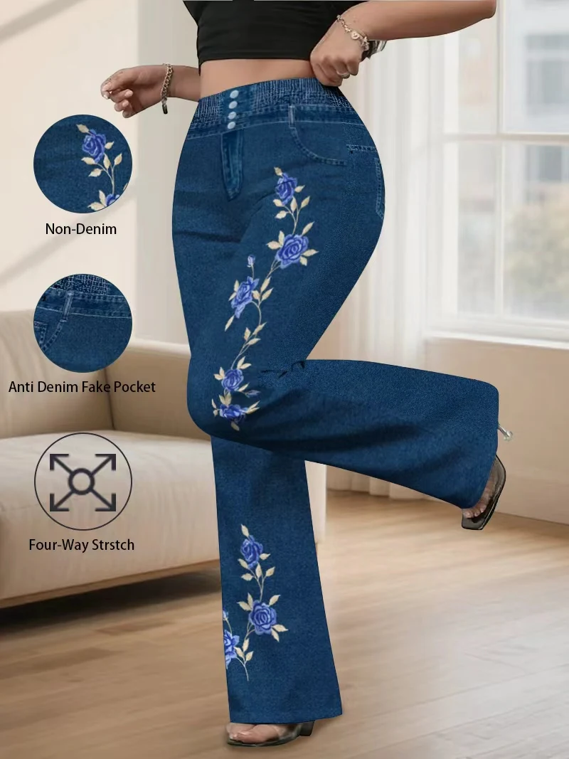 Elegant Rose Print Flare Pants Plus Size, High Waist Faux Denim Bell Bottoms, Vintage Chic Stretchy Trousers for Curvy Women
Elegant Rose Print Flare Pants Plus Size, High Waist Faux Denim Bell Bottoms, Vintage Chic Stretchy Trousers for Curvy Women