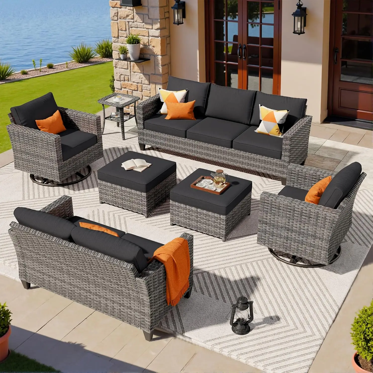 7 Pieces Patio Furniture Set, Outdoor Wicker Sofa Couch With Swivel Chairs, Rocking Glider Rocker With Comfy, Customized