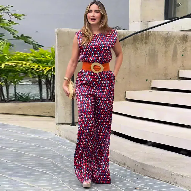 Jumpsuits Women One Piece Wide Leg Pants Print Sleeveless Round Collar Belt Tight Waist Trousers Jumpsuit Office Lady 2025
Jumpsuits Women One Piece Wide Leg Pants Print Sleeveless Round Collar Belt Tight Waist Trousers Jumpsuit Office Lady 2025