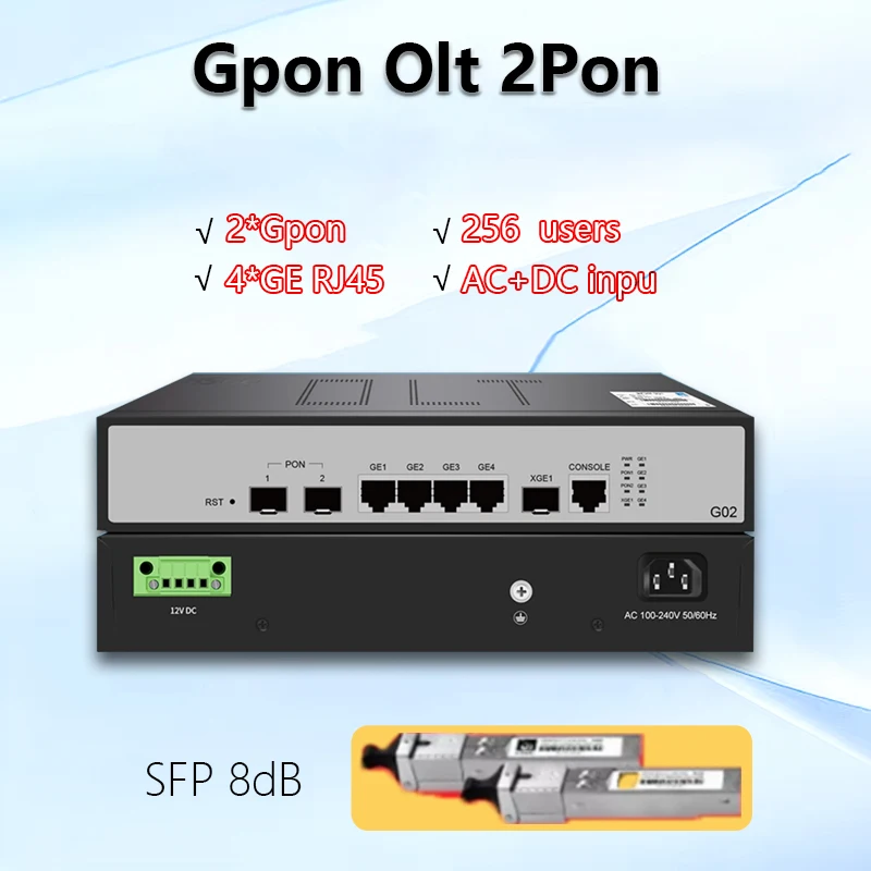 2PON GPON OLT 2pon 256 ONU 10G Uplink C+ GBIC WEB/CTI MINI GPON OLT 2-портовый оптический модуль SFP 8 дБ 100-240 В переменного тока 12 В постоянного тока
2PON GPON OLT 2pon 256 ONU 10G Uplink C+ GBIC WEB/CTI MINI GPON OLT 2-портовый оптический модуль SFP 8 дБ 100-240 В переменного тока 12 В постоянного тока