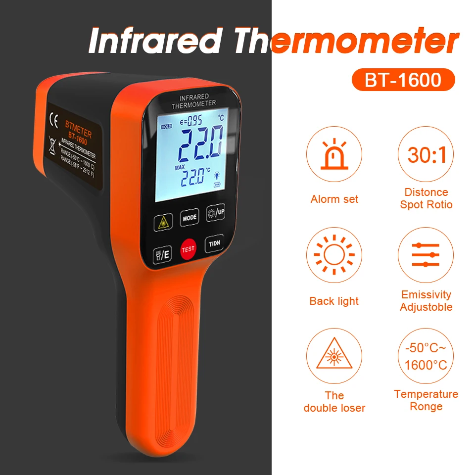 Бесконтактный инфракрасный термометр 1600 с коэффициентом D/S 30:1, -50°C ° C~1600 ° Диапазон C-диапазона и регулируемая эмиссивность для промышленного применения
Бесконтактный инфракрасный термометр 1600 с коэффициентом D/S 30:1, -50°C ° C~1600 ° Диапазон C-диапазона и регулируемая эмиссивность для промышленного применения