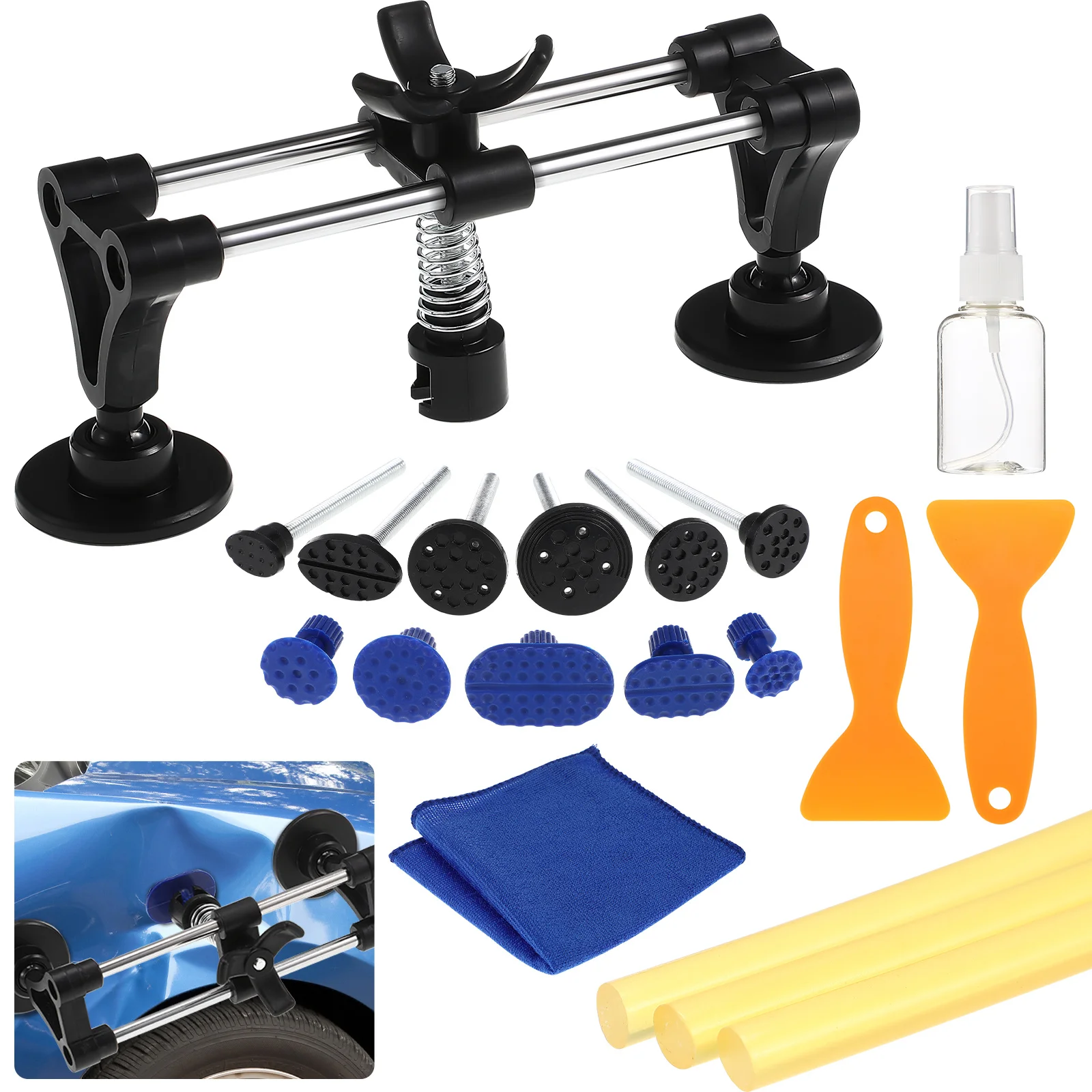 Auto Body Dent Puller Kit Double Pole Bridge Design Dent Puller Tabs Glue Shovels Glue Sticks Spray Bottle Car Repair Tool
Auto Body Dent Puller Kit Double Pole Bridge Design Dent Puller Tabs Glue Shovels Glue Sticks Spray Bottle Car Repair Tool