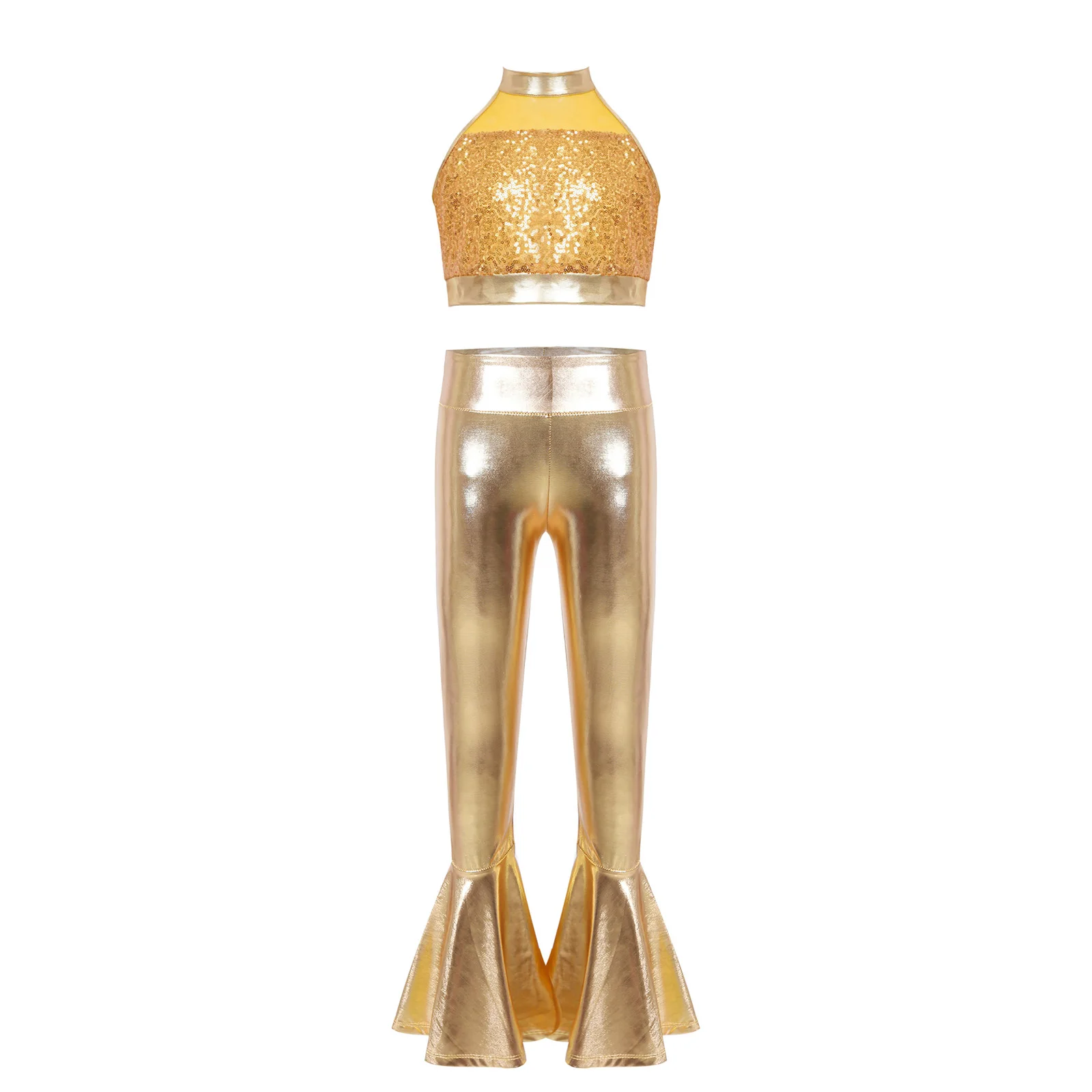 Girls Hip Hop Jazz Dance Performance Outfit Sleeveless Sparkly Sequins Crop Top with Metallic Bell-bottom Pants Party Outfits
Girls Hip Hop Jazz Dance Performance Outfit Sleeveless Sparkly Sequins Crop Top with Metallic Bell-bottom Pants Party Outfits