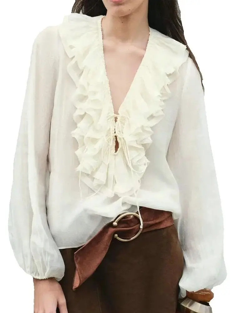 2025 New Summer Women's Sweet Translucent Loose Beige Layered Blouses Office Lady Elegant Lace-up Ruffles Tierred Shirts Tops
2025 New Summer Women's Sweet Translucent Loose Beige Layered Blouses Office Lady Elegant Lace-up Ruffles Tierred Shirts Tops
