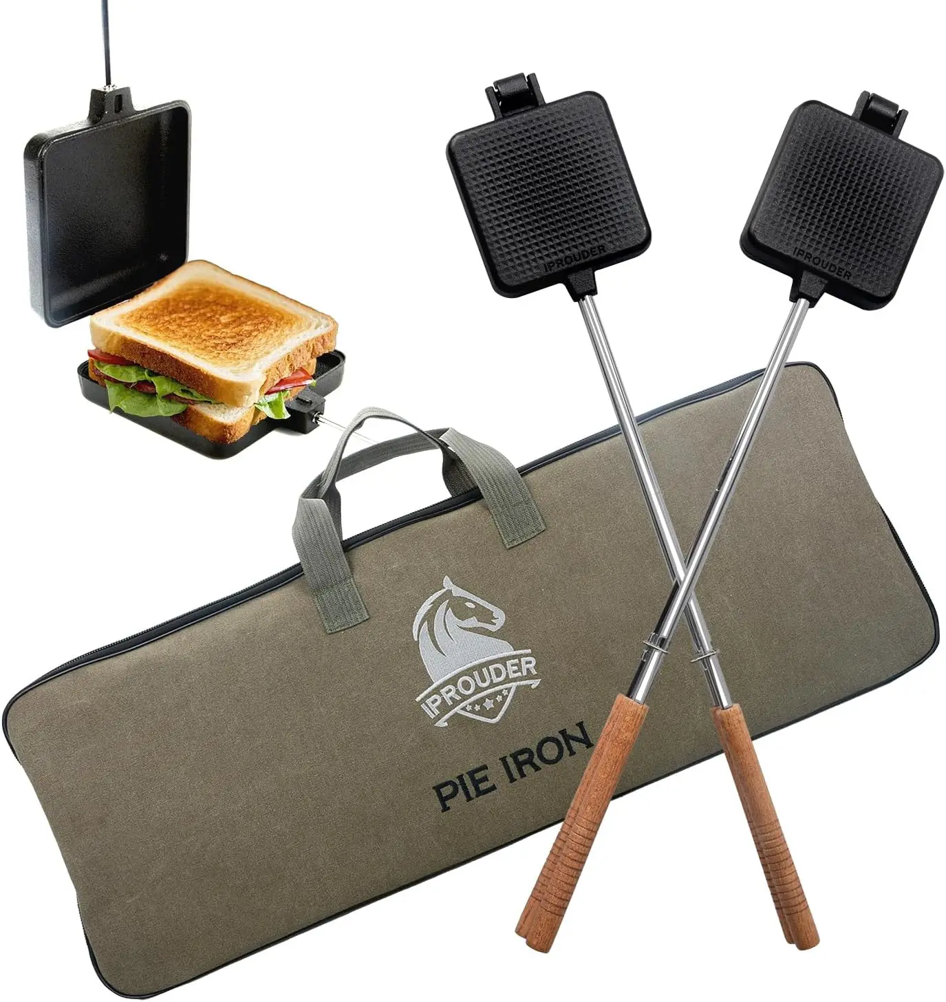 Campfire Pie Iron 4.9" Large Cast Iron Sandwich Maker for Camping, 2 Pcs with Storage Bag, 21.7" Adjustable Wooden Handles
Campfire Pie Iron 4.9" Large Cast Iron Sandwich Maker for Camping, 2 Pcs with Storage Bag, 21.7" Adjustable Wooden Handles