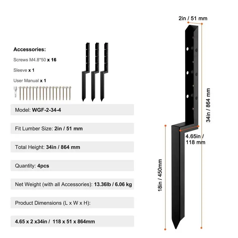 Repair kit for fence post anchors, 4-pack, inner diameter 51 x 51 mm, robust steel support posts for fence posts, anchor ground spike for repairing crooked, broken wooden fence posts
Repair kit for fence post anchors, 4-pack, inner diameter 51 x 51 mm, robust steel support posts for fence posts, anchor ground spike for repairing crooked, broken wooden fence posts