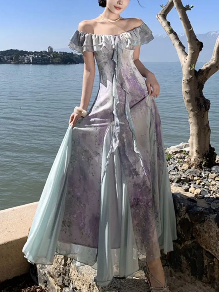 Summer Print Fairy Slash-Neck Ruffles Chiffon Long Dress Elegant French Romantic Princess Slim Wasit Sling Dresses New 2025
Summer Print Fairy Slash-Neck Ruffles Chiffon Long Dress Elegant French Romantic Princess Slim Wasit Sling Dresses New 2025