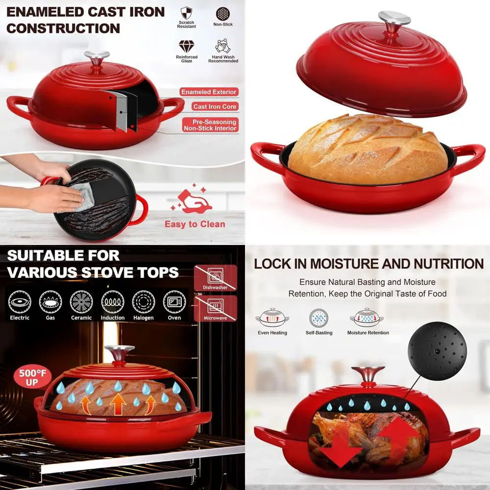 Enameled 6-Qt Cast Iron Dutch Oven for Sourdough, Tall-Lid, Round Base, Non-stick, Red
Enameled 6-Qt Cast Iron Dutch Oven for Sourdough, Tall-Lid, Round Base, Non-stick, Red