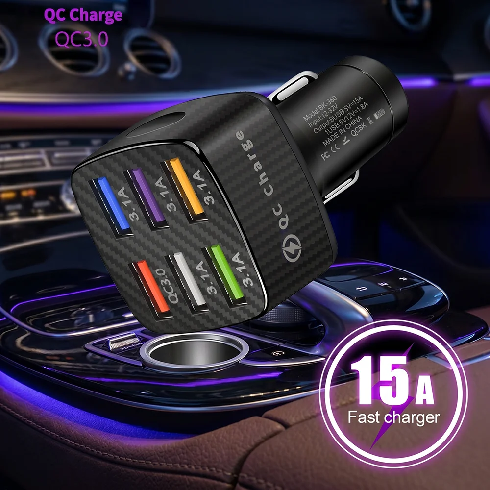 QC 3.0 Fast Charge Multi USB Car Adapter 6 Ports 15A Output High Power Carbon Fiber Texture Anti-Drop Shell 12-32V Vehicles
QC 3.0 Fast Charge Multi USB Car Adapter 6 Ports 15A Output High Power Carbon Fiber Texture Anti-Drop Shell 12-32V Vehicles