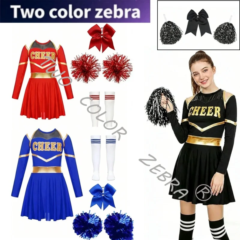 Colorful Cheerleading Costumes Long Sleeves T-shirt Dress Socks Hand Flowers Full Sets Stage Performance Compitition Unifrom
Colorful Cheerleading Costumes Long Sleeves T-shirt Dress Socks Hand Flowers Full Sets Stage Performance Compitition Unifrom