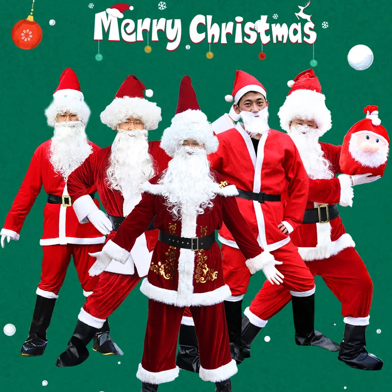 Men's Santa Claus costume, Santa Claus who gives candy gifts for Christmas, with candy bags/beards/boots/hats/gloves/glasses
Men's Santa Claus costume, Santa Claus who gives candy gifts for Christmas, with candy bags/beards/boots/hats/gloves/glasses