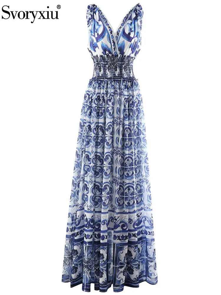 Svoryxiu Summer Designer Vintage Blue And White Porcelain Print Maxi Dress Women Elastic Waist Deep V-Neck Tank Long Dresses
Svoryxiu Summer Designer Vintage Blue And White Porcelain Print Maxi Dress Women Elastic Waist Deep V-Neck Tank Long Dresses