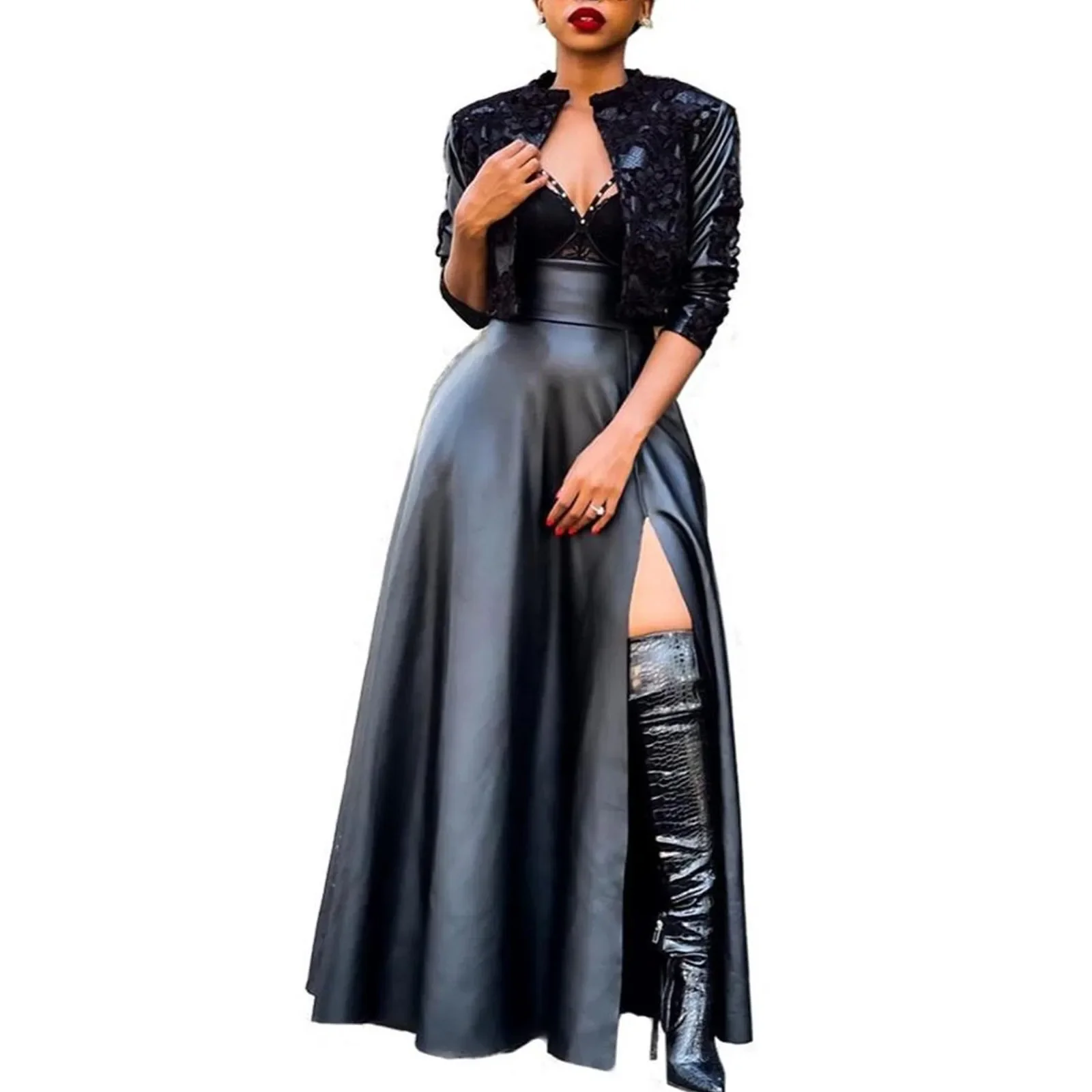 Women High Waist Faux Solid Color Leather Skirt High Slit Flared Swing Irregular Elegant and Pretty Women'S Long Skirt Faldas
Women High Waist Faux Solid Color Leather Skirt High Slit Flared Swing Irregular Elegant and Pretty Women'S Long Skirt Faldas