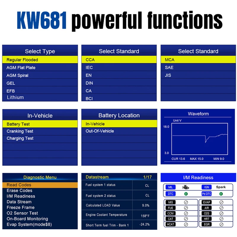 KONNWEI KW681 6V/12V Motorcycle Cars Battery Tester Auto Diagnostic Tools 2 in1 2000 CCA OBD2 Scanner Cranking Charging Test
KONNWEI KW681 6V/12V Motorcycle Cars Battery Tester Auto Diagnostic Tools 2 in1 2000 CCA OBD2 Scanner Cranking Charging Test