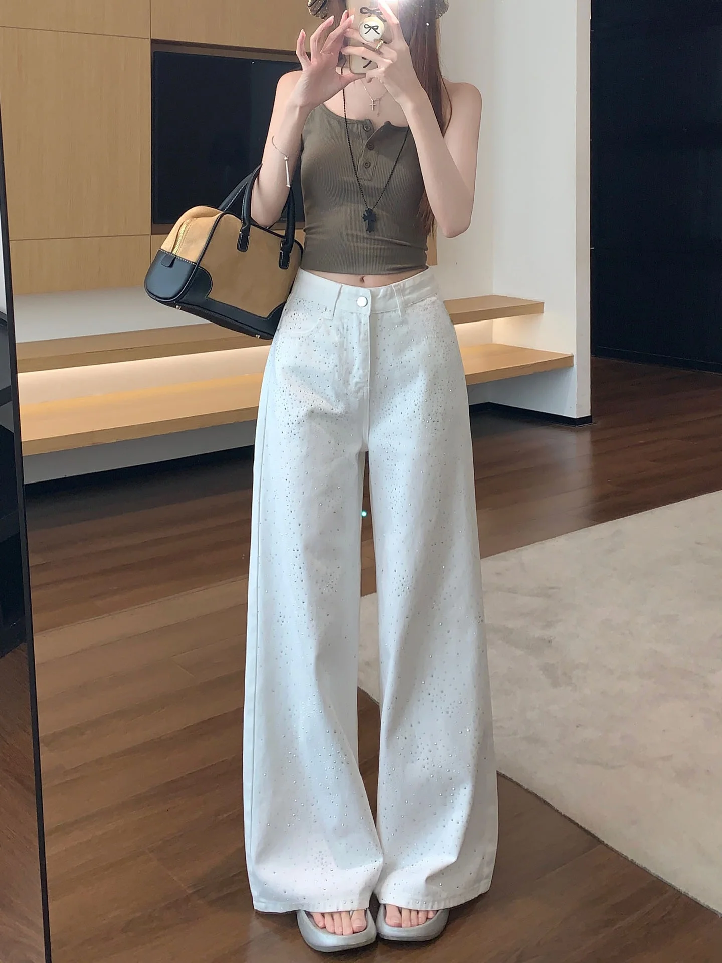 High Waist Wide Leg Jeans Women's Summer White Slimming Loose Drapey Straight Cut Floor-Length Pants Glittering Commute Style
High Waist Wide Leg Jeans Women's Summer White Slimming Loose Drapey Straight Cut Floor-Length Pants Glittering Commute Style