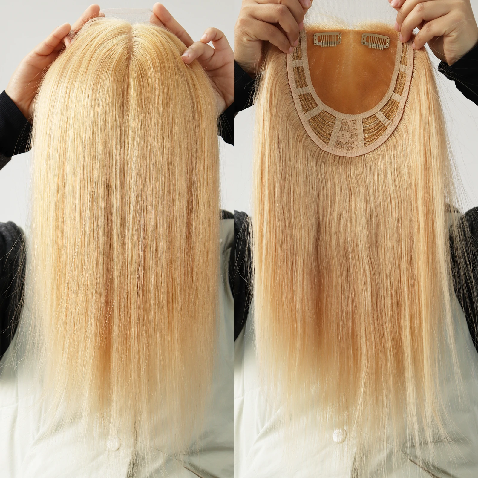 Silk Skin Base Topper with Lace Front #18 Ash Blonde Remy Human Hair Topper with Clips in Open Weft Silk Top Closure
Silk Skin Base Topper with Lace Front #18 Ash Blonde Remy Human Hair Topper with Clips in Open Weft Silk Top Closure