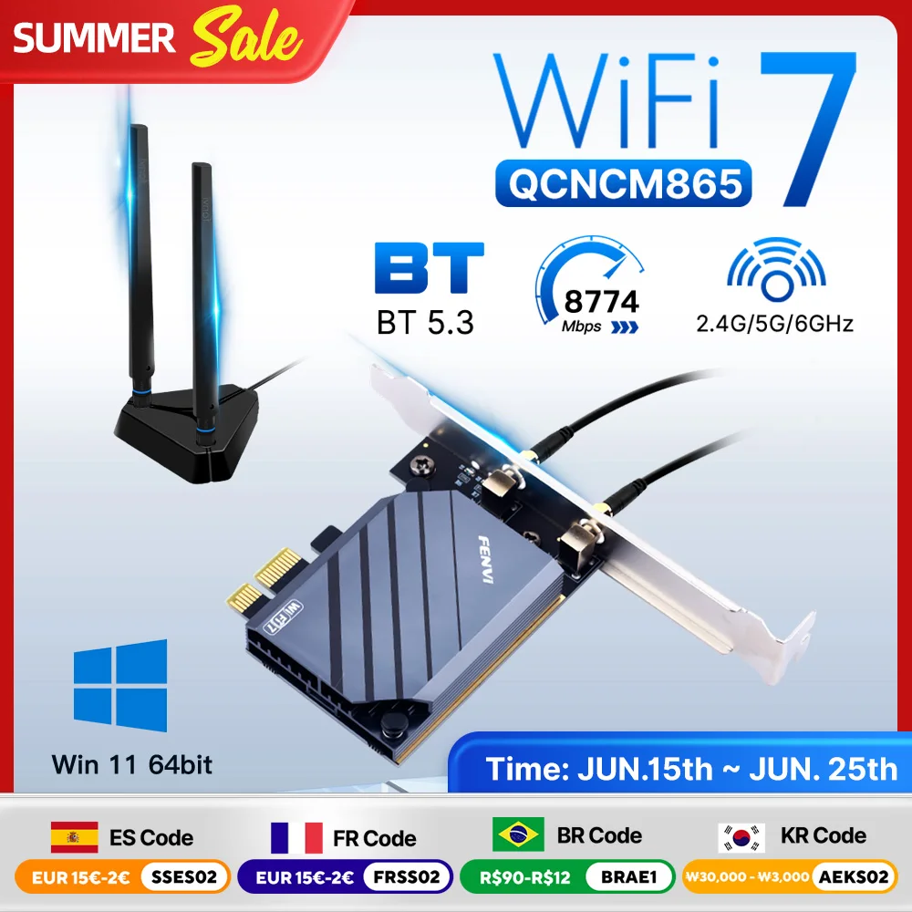 Fenvi WI-FI 7 Pcie Wireless Adapter BE8800Pro Extend Antenna QCNCM865 BT5.3 Tri Band 2.4G/5G/6GHz Wifi Card Desktop Win11 64Bit
Fenvi WI-FI 7 Pcie Wireless Adapter BE8800Pro Extend Antenna QCNCM865 BT5.3 Tri Band 2.4G/5G/6GHz Wifi Card Desktop Win11 64Bit