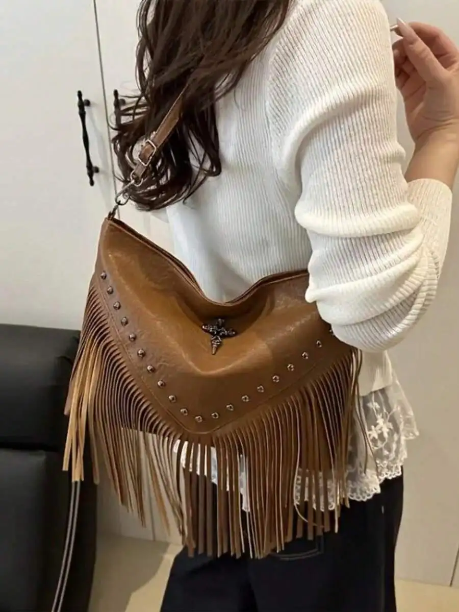 Womens Fringe And Rivet Saddle Crossbody Bag With Adjustable Strap And Zipper Closure
Womens Fringe And Rivet Saddle Crossbody Bag With Adjustable Strap And Zipper Closure