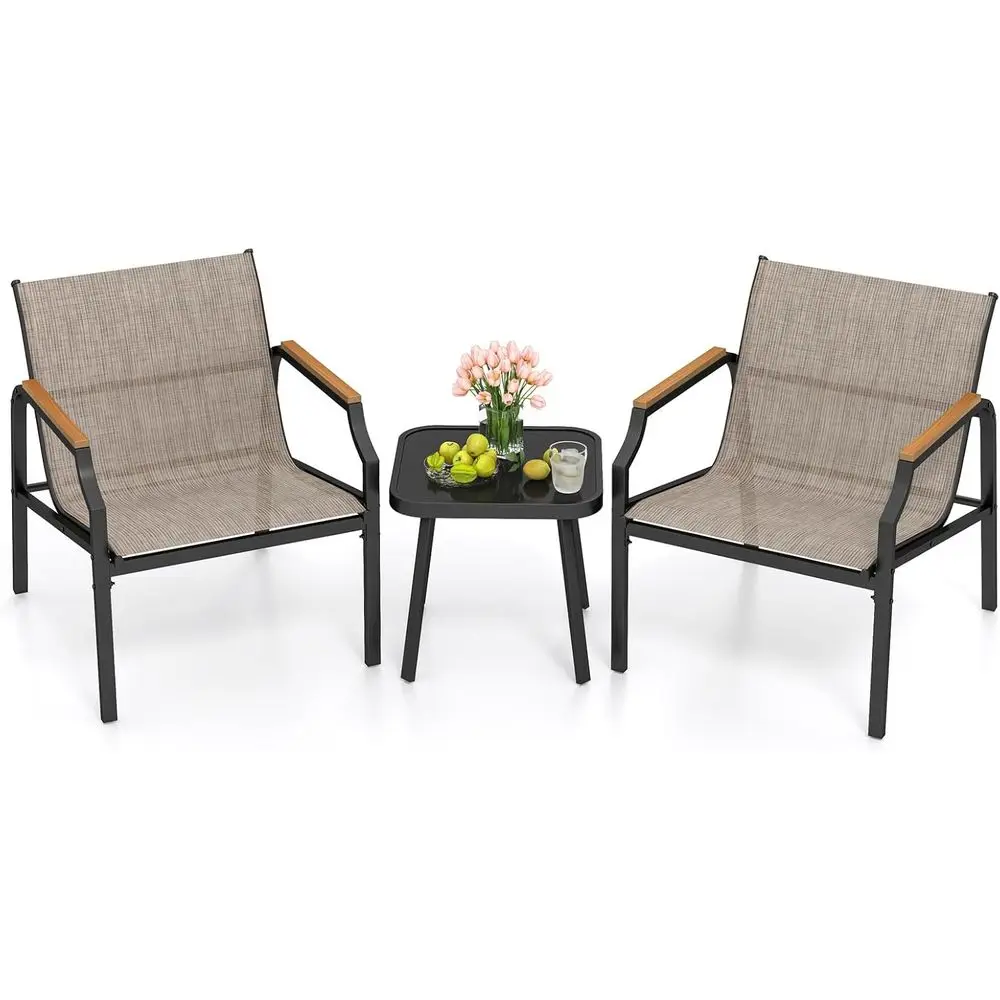 Brown Outdoor Bistro Set: 3-Piece Table and Metal Chairs with Fabric Seats & Wood-Plastic Armrests for Patio or Balcony
Brown Outdoor Bistro Set: 3-Piece Table and Metal Chairs with Fabric Seats & Wood-Plastic Armrests for Patio or Balcony