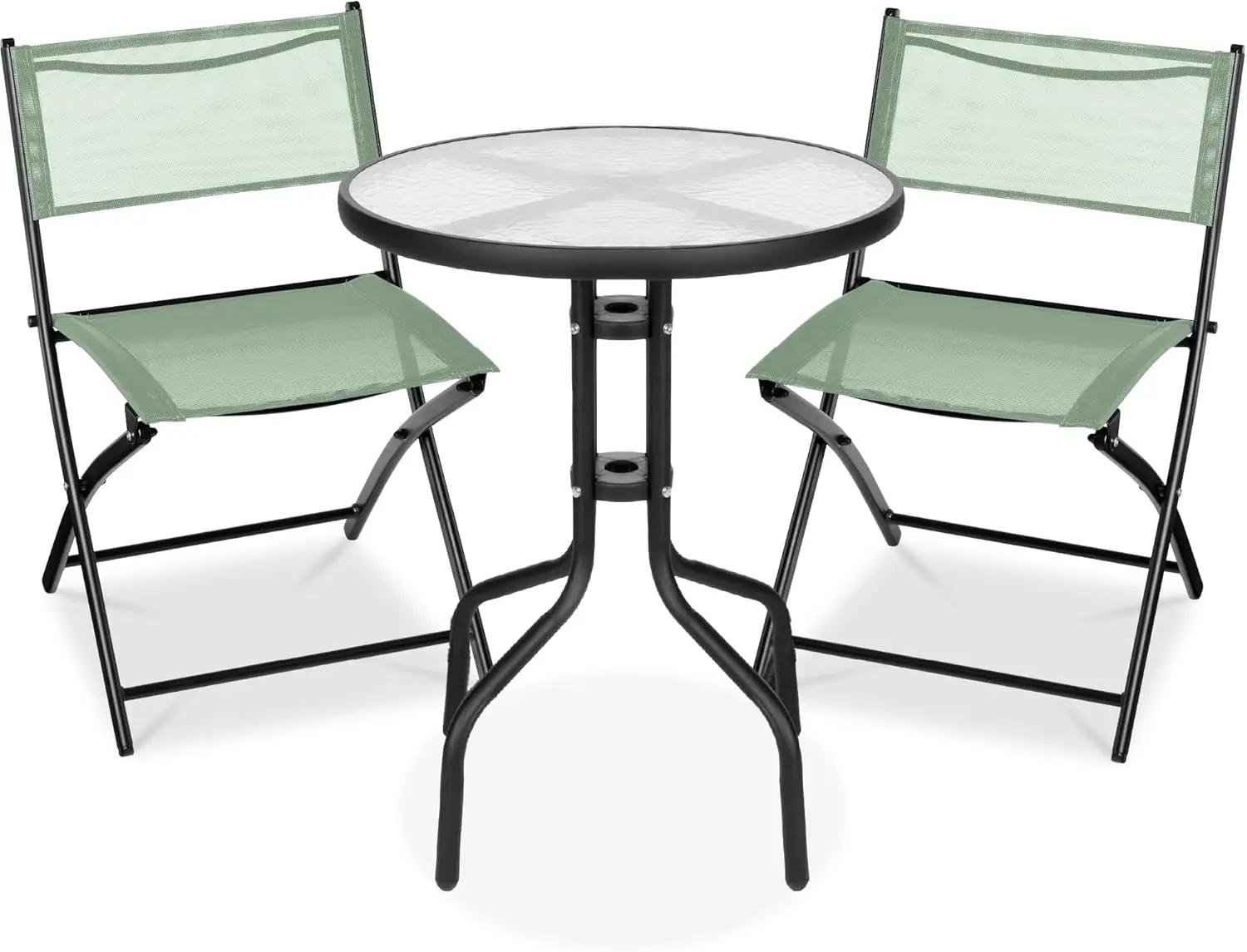 3-Piece Patio Bistro Dining Furniture Set w/Textured Glass Tabletop, 2 Steel Folding Chairs, Polyester Fabric - Sage
3-Piece Patio Bistro Dining Furniture Set w/Textured Glass Tabletop, 2 Steel Folding Chairs, Polyester Fabric - Sage