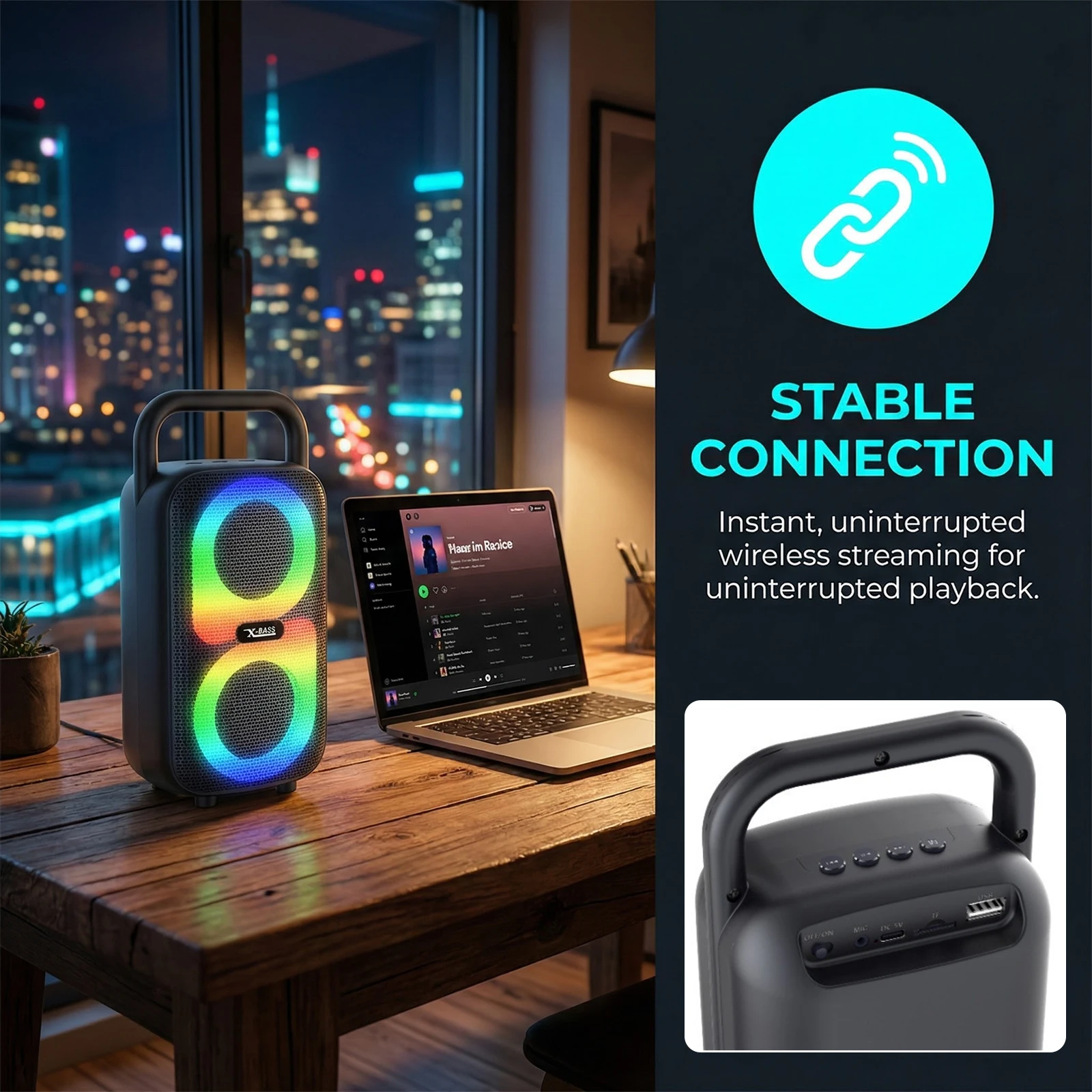 Wireless Boombox Portable Handle TWS Pairing Loud Stereo Sound Large Party Speakers with Subwoofer for Outdoor Home Party
Wireless Boombox Portable Handle TWS Pairing Loud Stereo Sound Large Party Speakers with Subwoofer for Outdoor Home Party