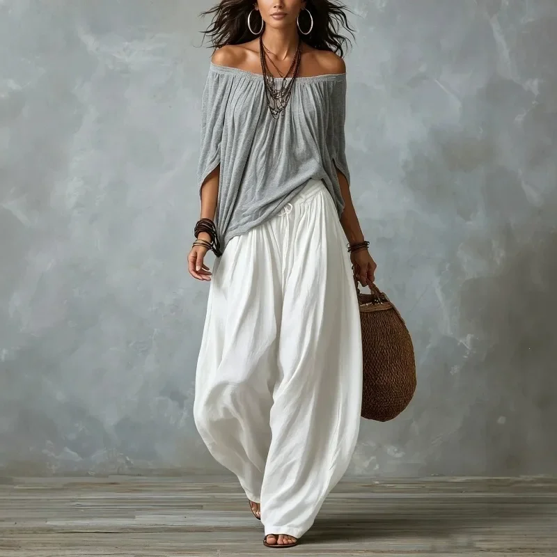 Vacation Boho Off Shoulder Loose Blouse & Harem Wide Leg Pants 2 Piece Set Women Vintage Casual Holiday Drawstring Baggy Outfit
Vacation Boho Off Shoulder Loose Blouse & Harem Wide Leg Pants 2 Piece Set Women Vintage Casual Holiday Drawstring Baggy Outfit
