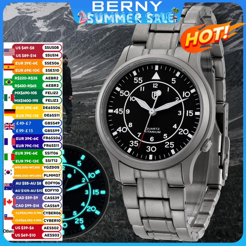 BERNY Titanium Watch For Men AR Coating Sapphire Fashion Wristwatch Luminous VH31 Ultra-thin Quartz Watch Waterproof 5ATM Watch
BERNY Titanium Watch For Men AR Coating Sapphire Fashion Wristwatch Luminous VH31 Ultra-thin Quartz Watch Waterproof 5ATM Watch