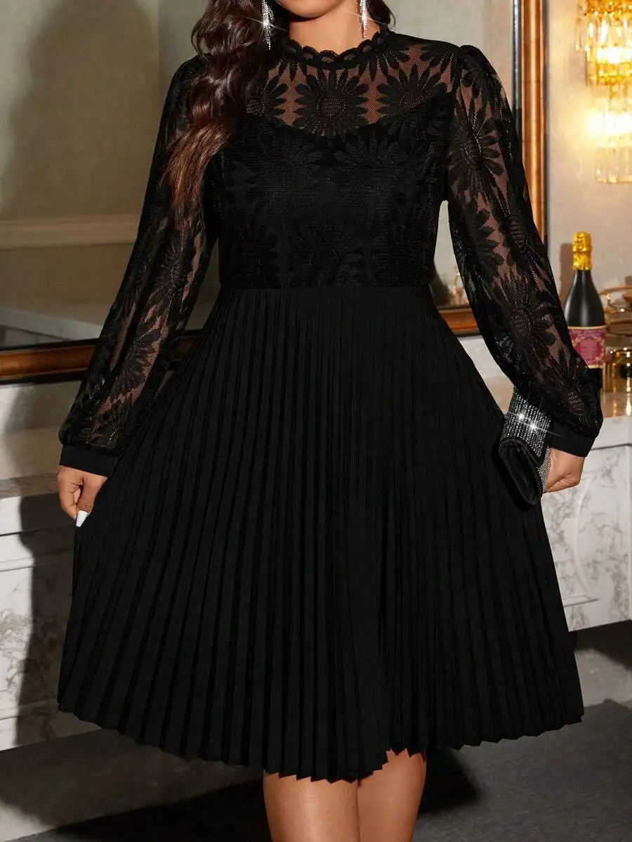 Womens Black Lace Long Sleeve Pleated A-Line Dress For Formal Occasion
Womens Black Lace Long Sleeve Pleated A-Line Dress For Formal Occasion