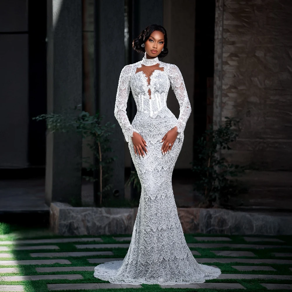 Luxury Mermaid Wedding Dresses for Africa Bride Long Sleeves Sweep Train Lace Pearls Sequined Bridal Reception Gowns Customized
Luxury Mermaid Wedding Dresses for Africa Bride Long Sleeves Sweep Train Lace Pearls Sequined Bridal Reception Gowns Customized