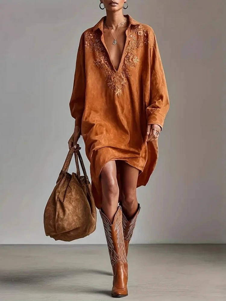 Vintage Suede Floral Party Dress for Women Deep V Neck Lapel Long Sleeve Loose Fit Pullover Spring Sexy Casual Shirt Dress
Vintage Suede Floral Party Dress for Women Deep V Neck Lapel Long Sleeve Loose Fit Pullover Spring Sexy Casual Shirt Dress