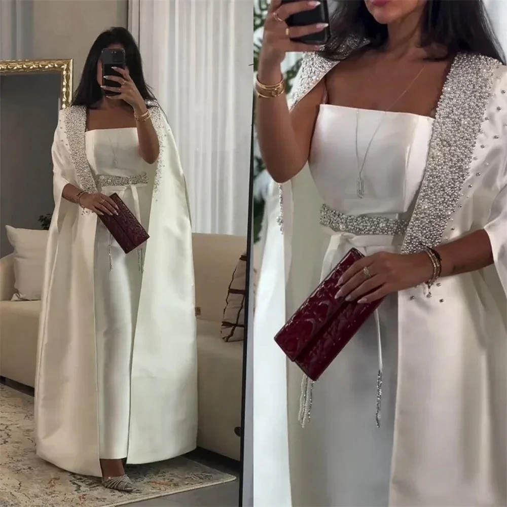 Mermaid Satin Arabic Evening Dresses White Pearl Luxury Beaded With Long Cape Formal Party Prom Gown Vestido De Gala Customized
Mermaid Satin Arabic Evening Dresses White Pearl Luxury Beaded With Long Cape Formal Party Prom Gown Vestido De Gala Customized