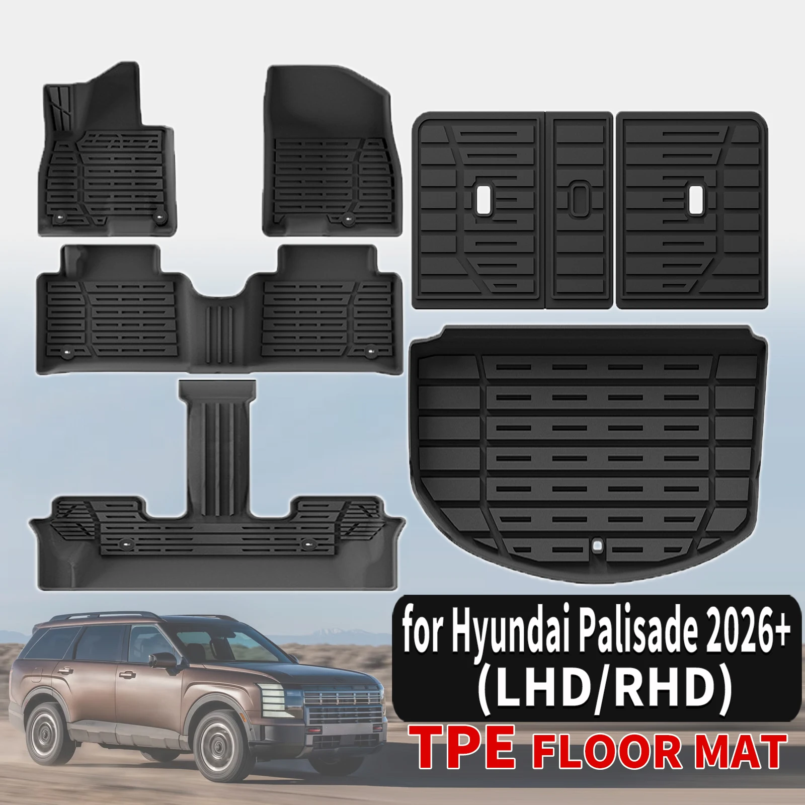 Всепогодные коврики из TPE на заказ для Hyundai Palisade 2026+ (7 мест, левый/правый руль)
Всепогодные коврики из TPE на заказ для Hyundai Palisade 2026+ (7 мест, левый/правый руль)
