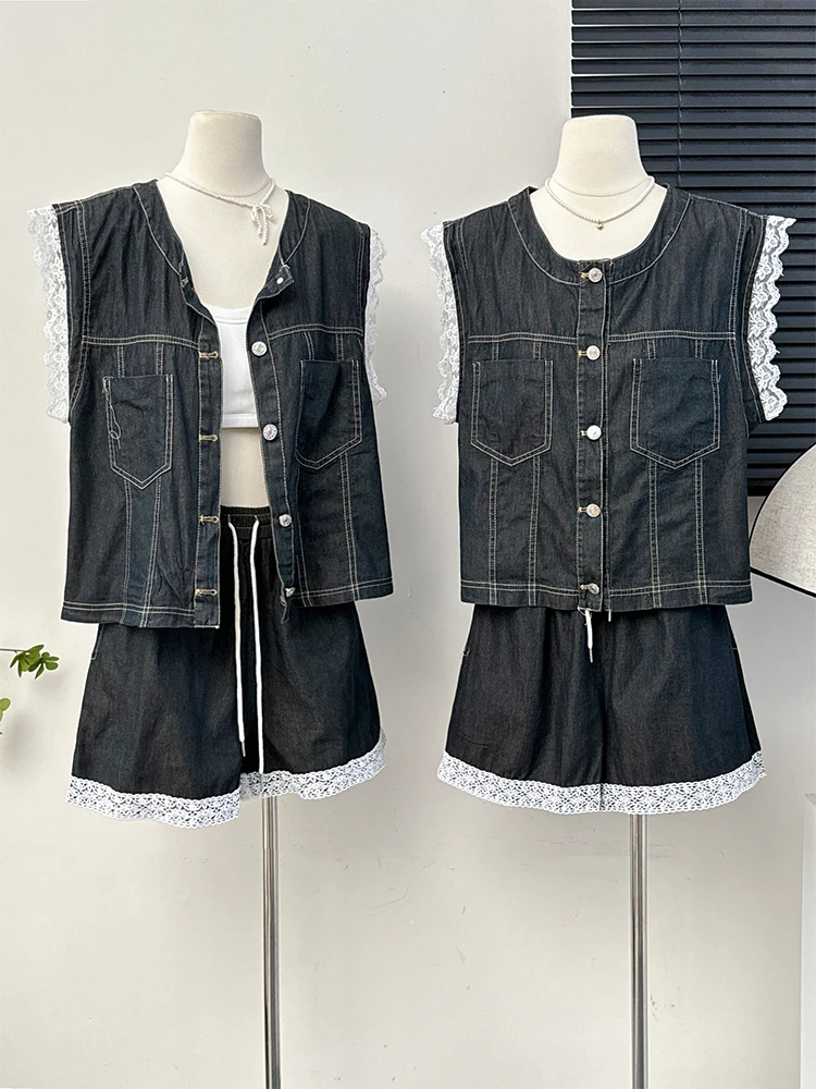 Retro Safari Style Lace Spliced Denim Suits Minimalist Pockets Sleeveless Vest Tops Women Summer Drawstring Lace-up Mini Shorts
Retro Safari Style Lace Spliced Denim Suits Minimalist Pockets Sleeveless Vest Tops Women Summer Drawstring Lace-up Mini Shorts