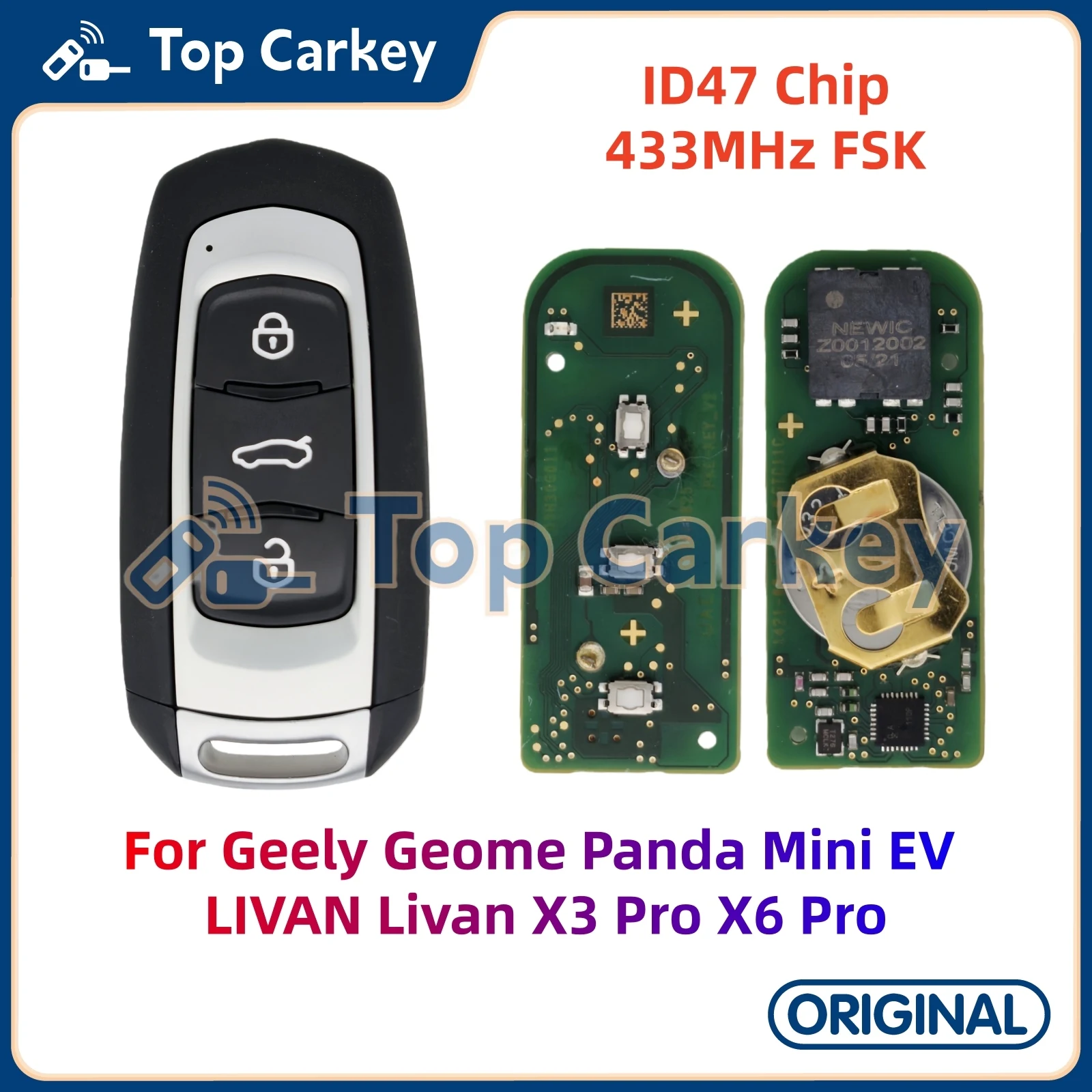 TopCarkey OEM Smart Remote Key ID47 Chip 433MHz for Geely Geome Panda Mini EV LIVAN Livan X3 Pro X6 Pro
TopCarkey OEM Smart Remote Key ID47 Chip 433MHz for Geely Geome Panda Mini EV LIVAN Livan X3 Pro X6 Pro