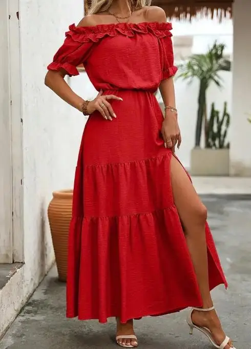 Women Clothing Latest Hot Selling Outfits 2025 New Summer Sexy Elegant One Shoulder Wooden Ear Cinched Waist Side Slit Dress
Women Clothing Latest Hot Selling Outfits 2025 New Summer Sexy Elegant One Shoulder Wooden Ear Cinched Waist Side Slit Dress